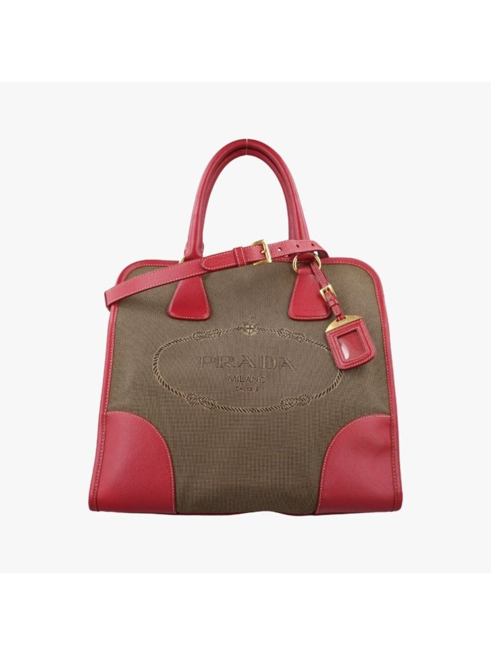Prada Logo Jacquard Khaki Red Canvas Saffiano Leather